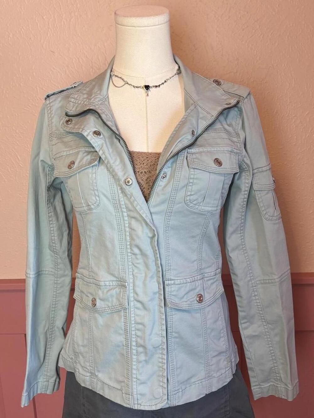 Kensie utility military cargo jacket sz small light blue grey cotton